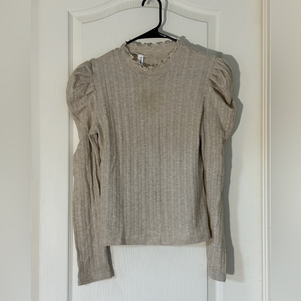Downeast Puff Shoulder Textured Knit Top Women’s L Oatmeal Long Sleeve